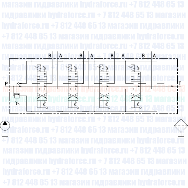 Q45/4 F1SR(250)-4X103/A1/D41-F3D-24V.DC, код 045040103009001 (Galtech, Италия) Гидрораспределитель моноблочный с электроуправлением 24 В и дублирующим ручным управлением, 4-х секционный, номинальный расход 60 л/мин, с регулируемым предохранительным клапаном 201-380 бар (настройка на 250 бар), в комплекте с рукоятками